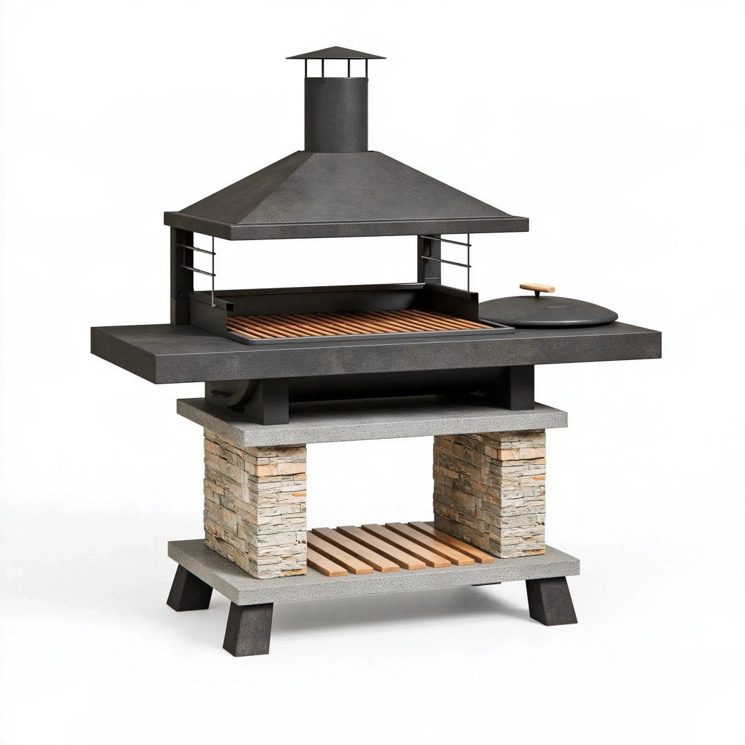 Barbecue de jardin 140 x 70 x 210 cm acier noir pierre avec hotte et grille
