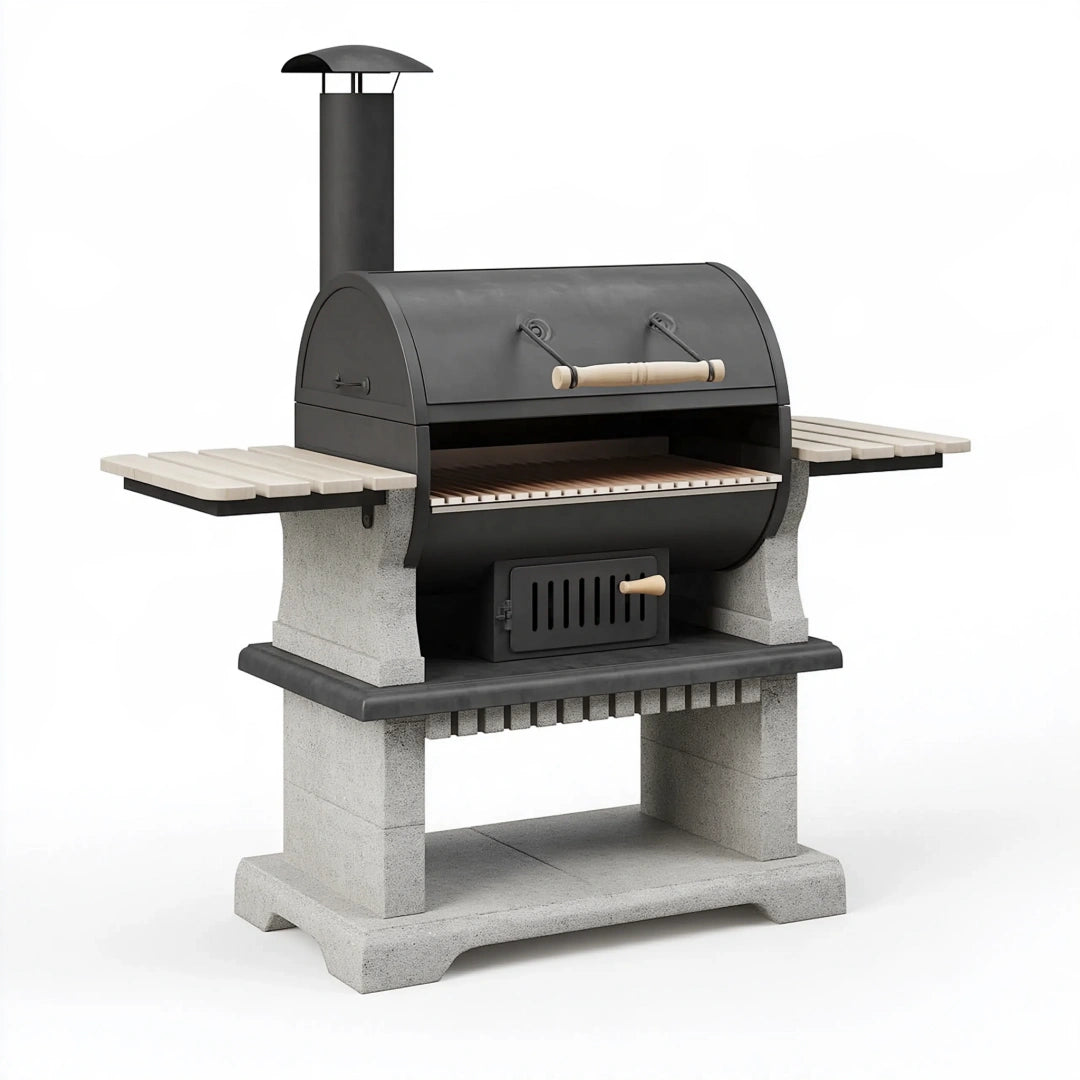 Barbecue extérieur à bois 150 x 85 x 190 cm en acier noir avec cheminée et gril