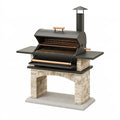 Barbecue de jardin 150 x 70 x 190 cm en acier et pierre noir beige avec capot et grilles réglables