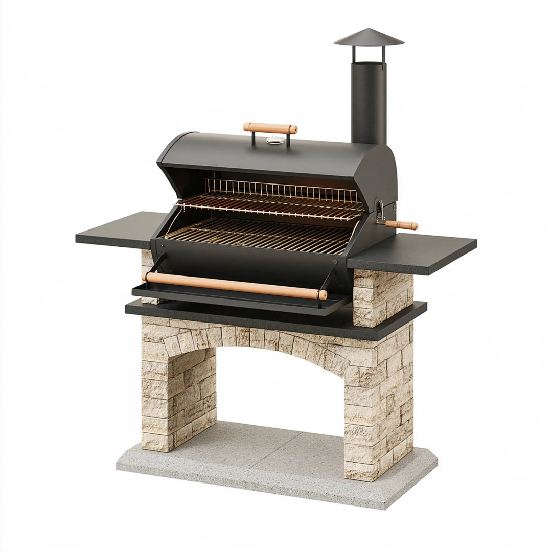 Barbecue de jardin 150 x 70 x 190 cm en acier et pierre noir beige avec capot et grilles réglables