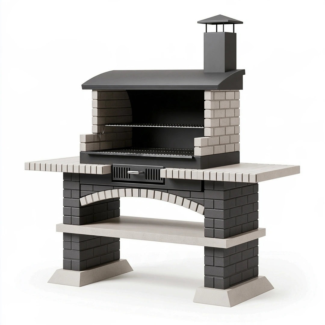 Barbecue de jardin 180 x 90 x 220 cm en brique et acier gris anthracite à charbon style traditionnel
