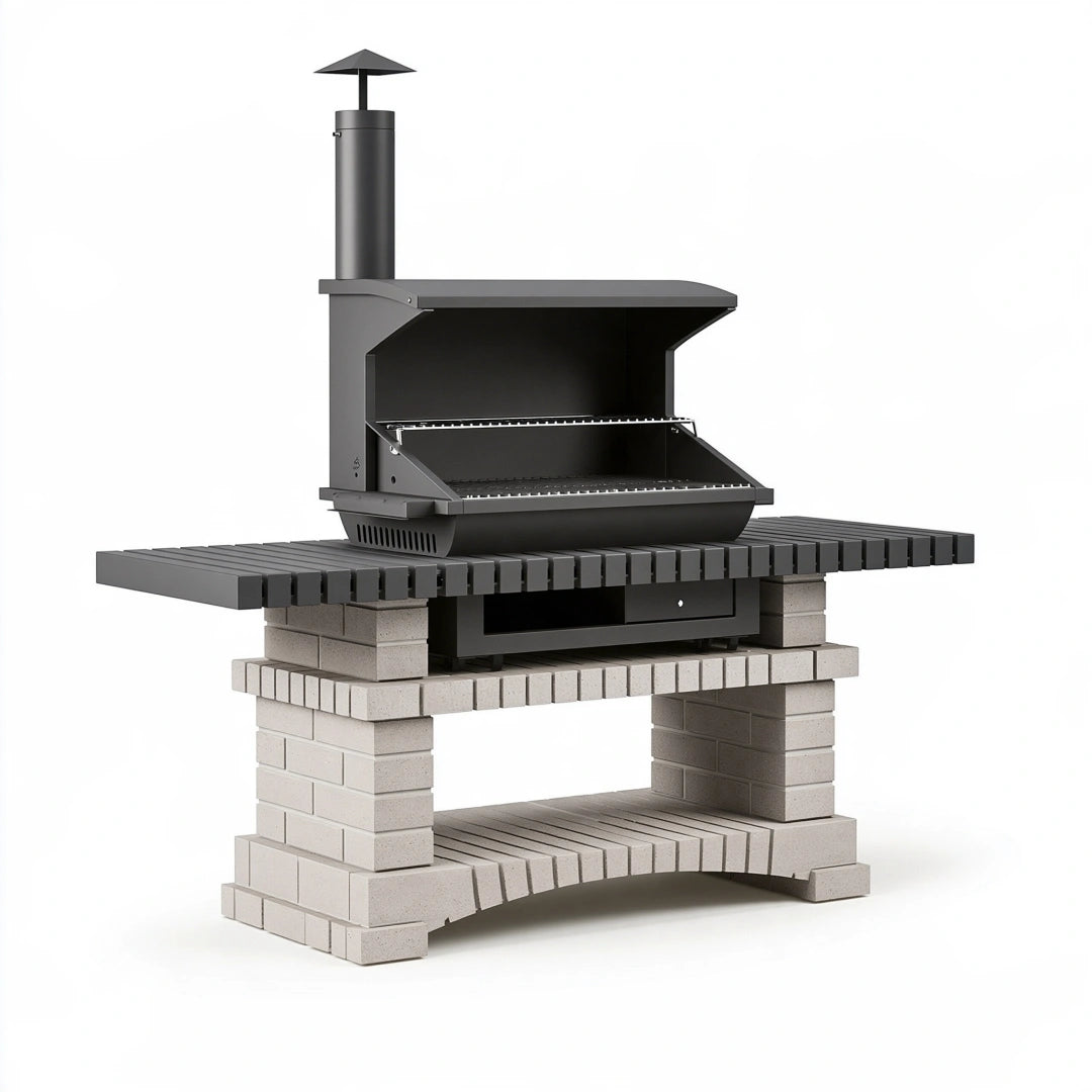 Barbecue de jardin 140 x 75 x 190 cm en acier et briques gris anthracite avec cheminée