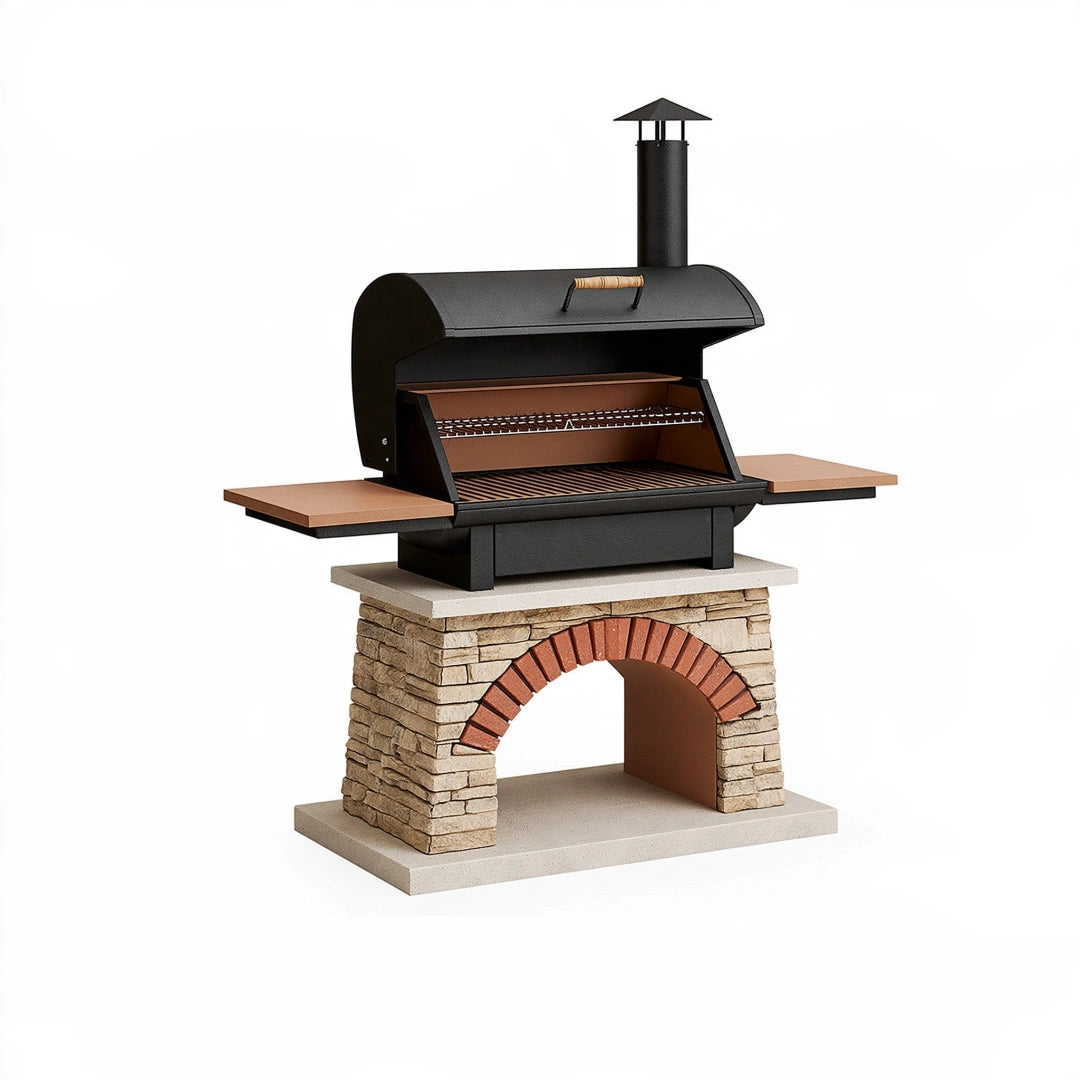 Barbecue extérieur 150 x 70 x 190 cm en acier noir avec socle en pierre et cheminée