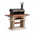 Barbecue de jardin 160 x 75 x 180 cm en acier pierre et bois noir beige style rustique avec cheminée