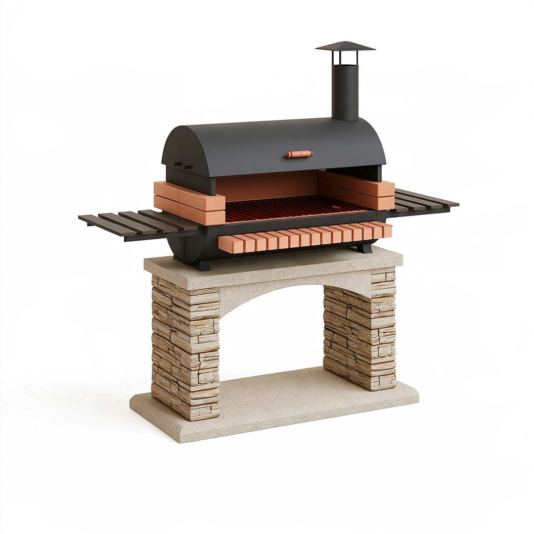 Barbecue extérieur 140 x 75 x 170 cm en métal noir et briques terre cuite avec cheminée