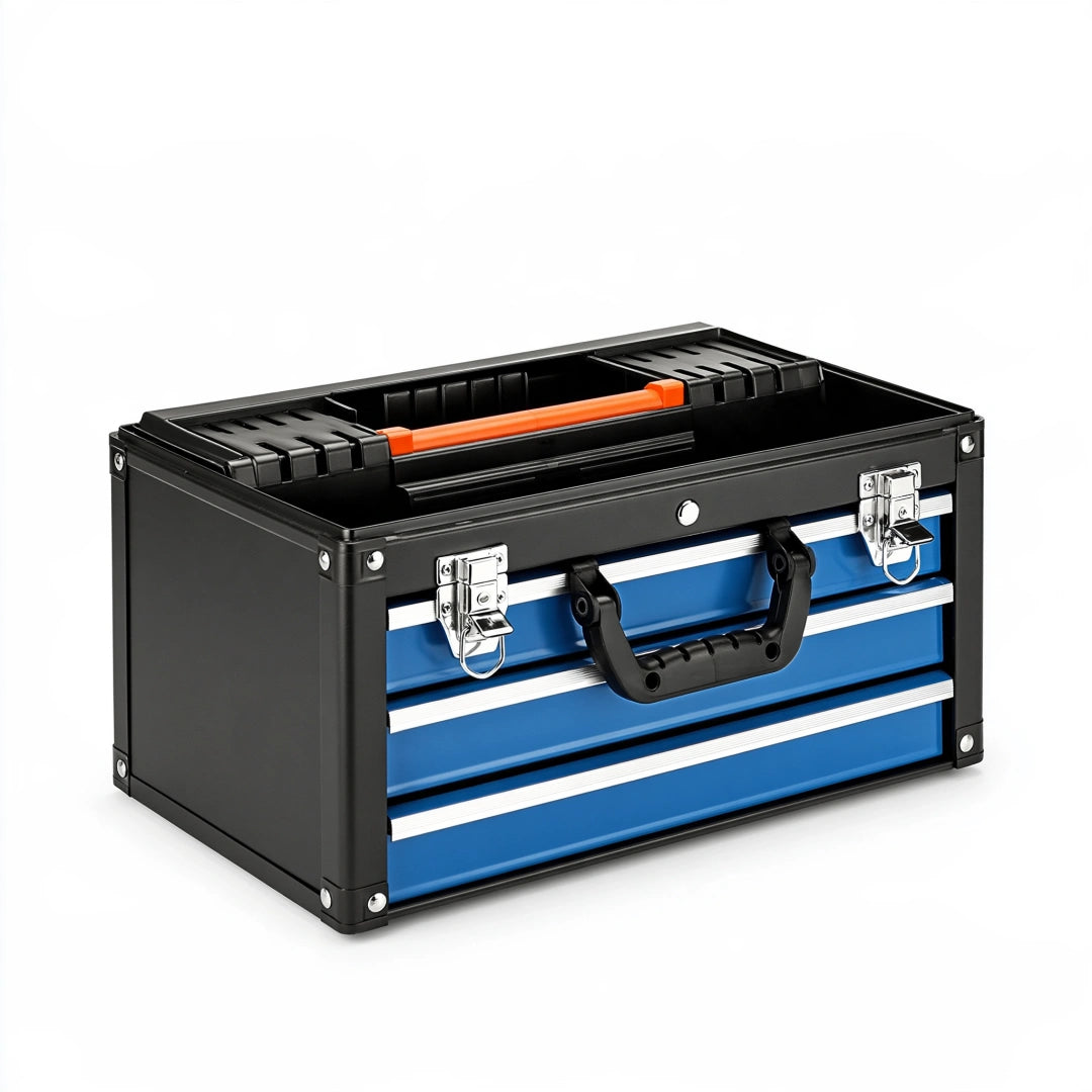 Boîte à outils 50 x 25 x 30 cm en métal noir et bleu avec poignée de transport