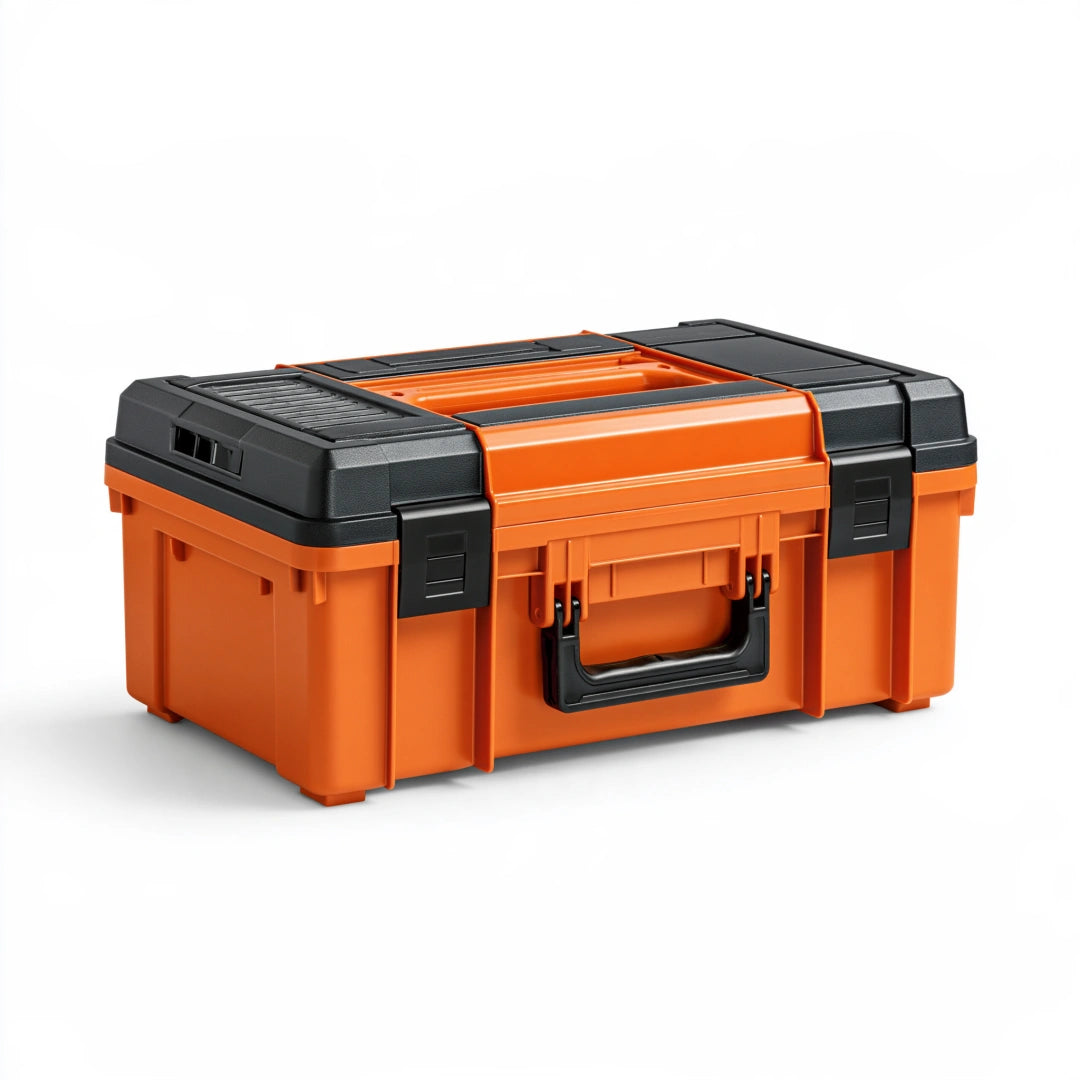 Boîte à outils 48 x 28 x 24 cm en plastique orange et noir avec poignée de transport