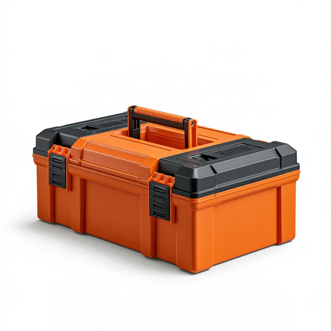 Boîte à outils 50 x 25 x 25 cm en plastique orange et noir avec poignée rabattable