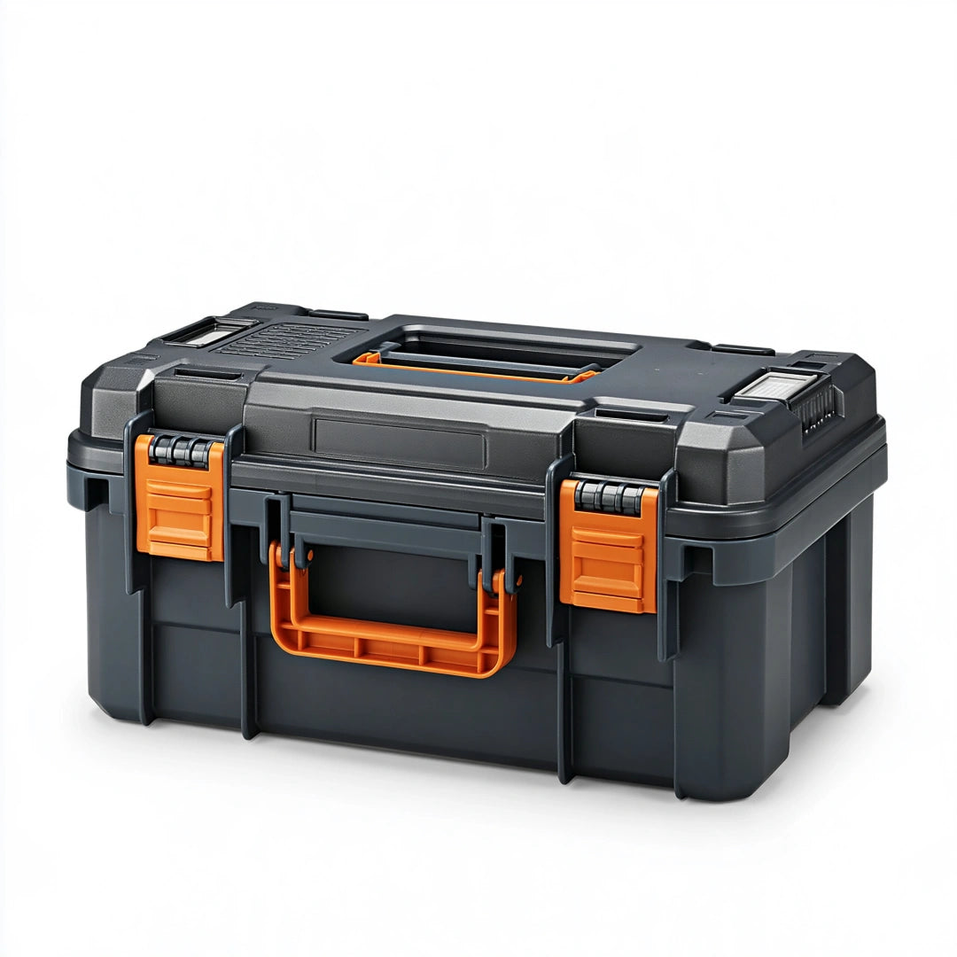 Boîte à outils 48 x 28 x 25 cm en plastique noir et orange avec poignée et fermetures