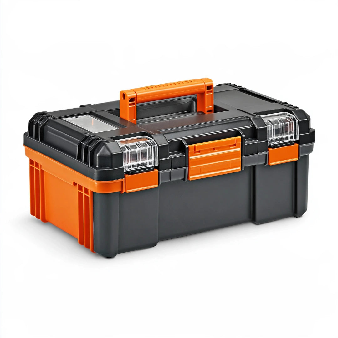 Boîte à outils 50 x 26 x 25 cm en plastique noir et orange avec poignée et fermoirs transparents