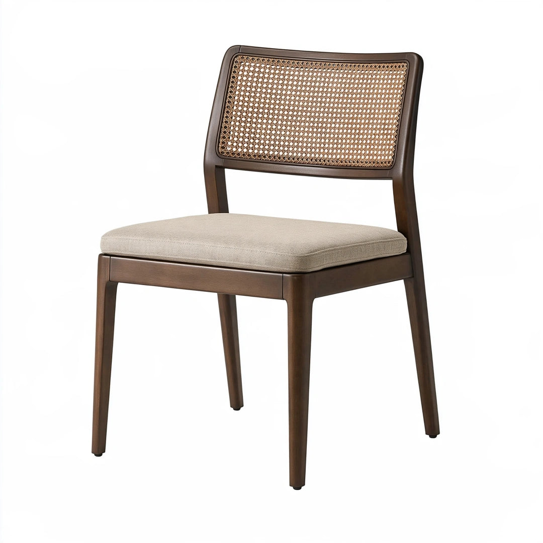 Chaise de salle à manger 48 x 55 x 82 cm en bois brun avec dossier en rotin et assise rembourrée beige