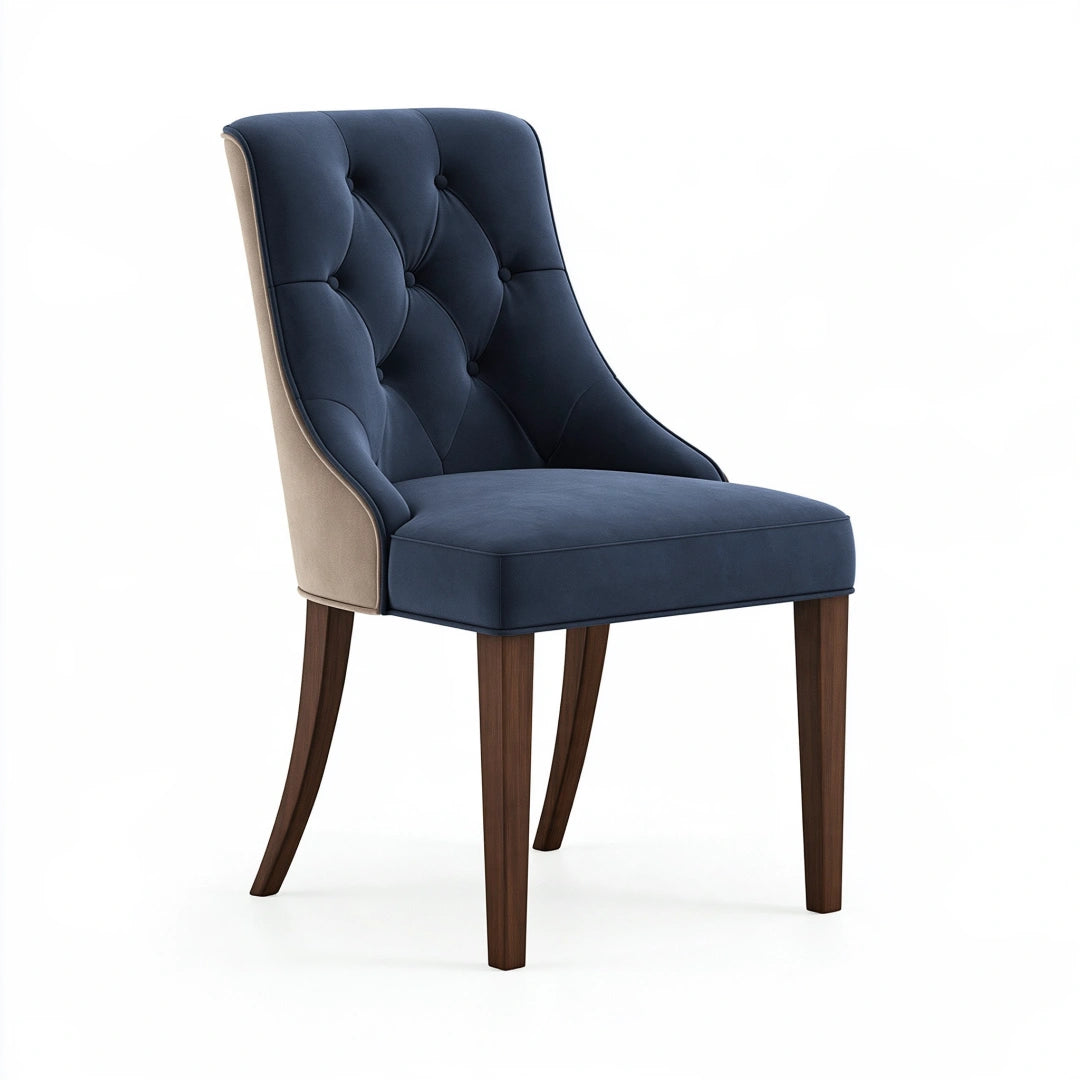 Chaise de salle à manger 54 x 63 x 98 cm en tissu bleu marine et beige capitonnée style classique