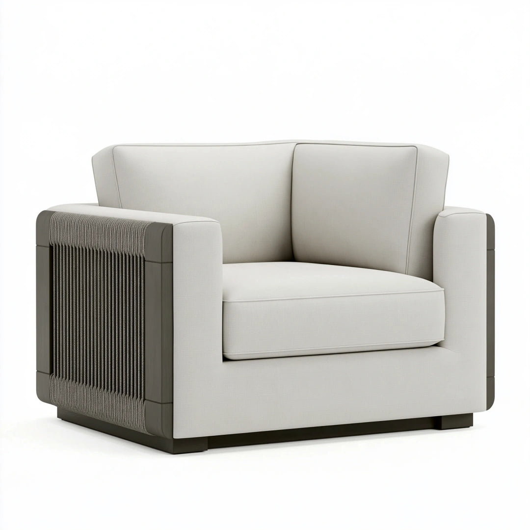 Fauteuil 100 x 90 x 85 cm en tissu blanc cassé avec accoudoirs tressés style contemporain