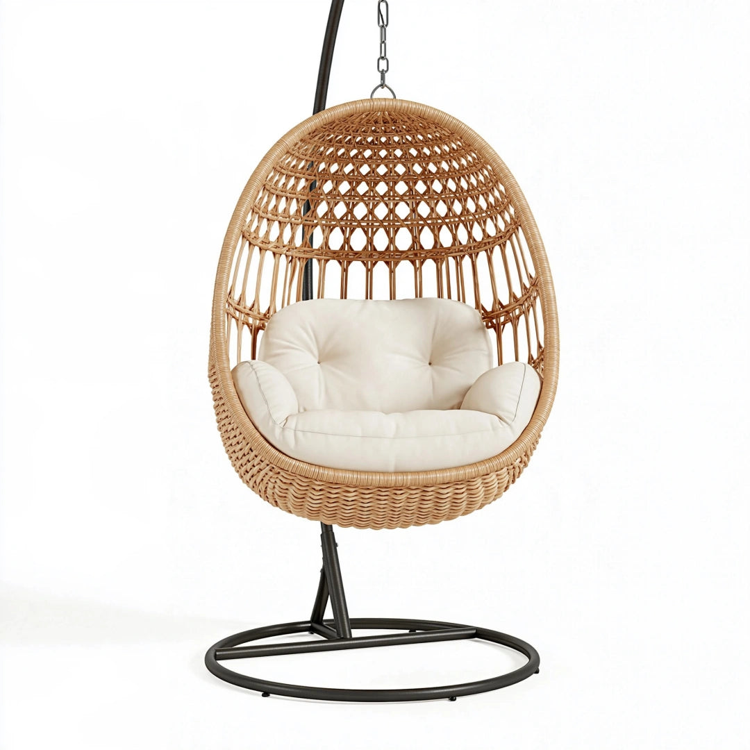 Fauteuil suspendu diamètre 105 cm hauteur 195 cm en rotin naturel et acier noir style bohème
