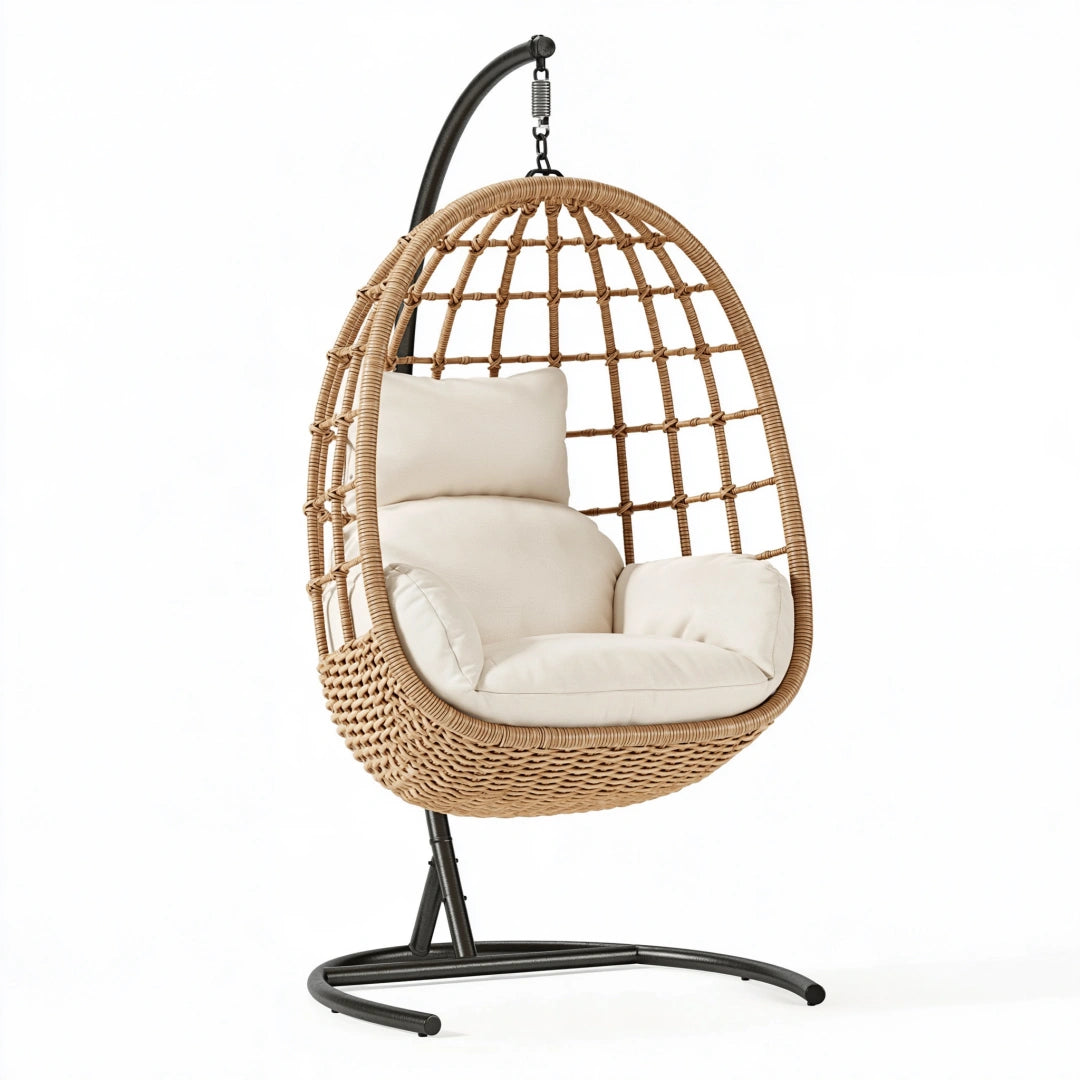 Fauteuil suspendu 105 x 105 x 195 cm en rotin tressé beige avec support métallique noir style bohème