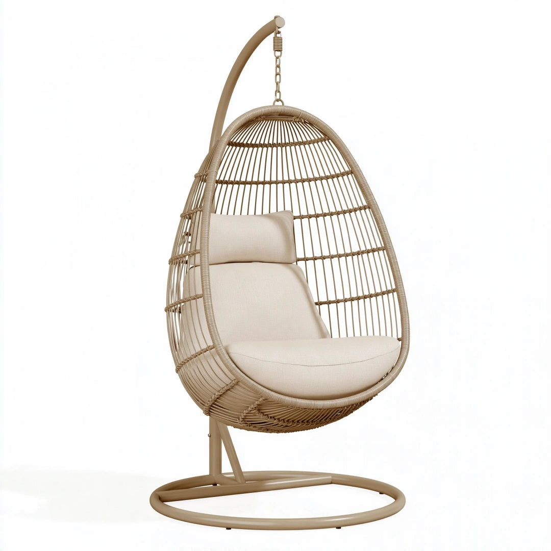 Fauteuil suspendu 105 x 105 x 195 cm en résine tressée beige avec support